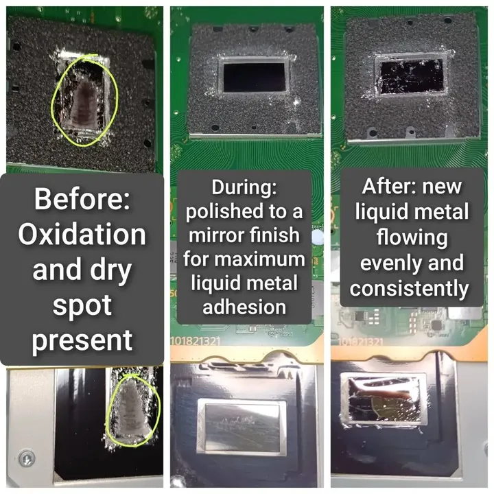 PS5 overheating fix: chip before, during polishing, and after fresh liquid metal